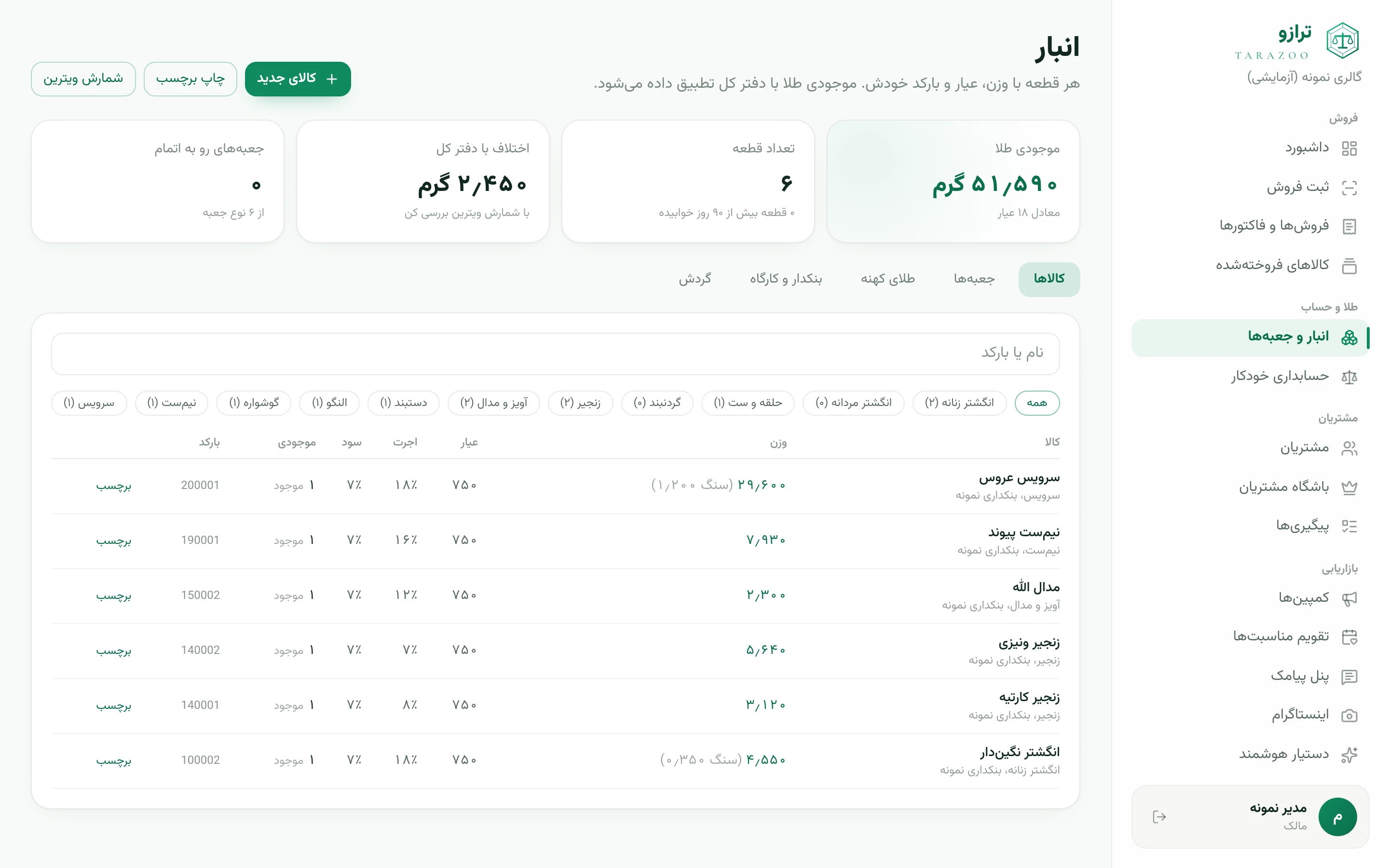 صفحهٔ واقعی انبار ترازو با داده‌های نمونه
